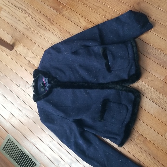 Talbots Navy Wool Blend Faux Fur Trimmed Jacket NWT size 12 - Picture 2 of 12